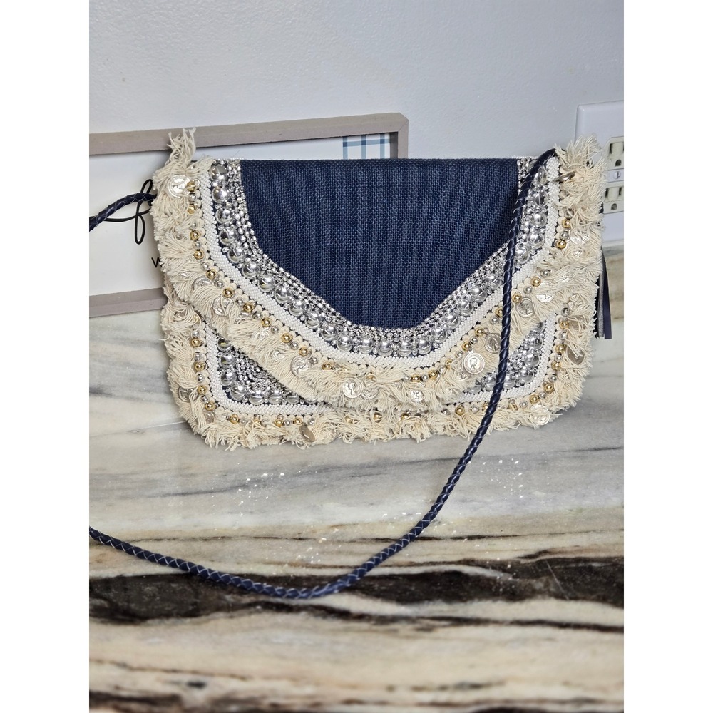 Boho Navy Woven Crossbody Bag Embellished Coin Fringe Tassel Envelope Clutch